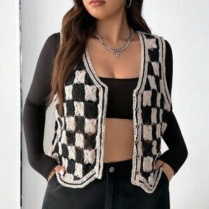 Black & Cream Crocheted Checkered Vest Sweater